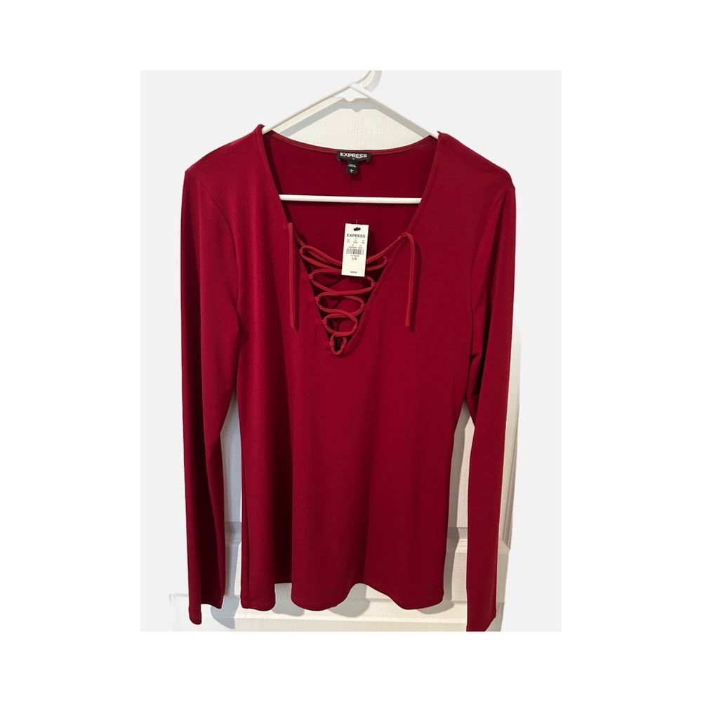 Deep red Express front tie, long sleeve spandex/polyester shirt. NWT